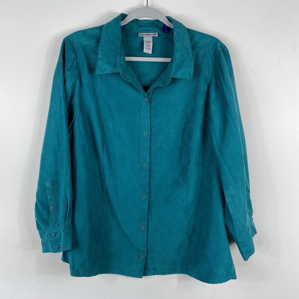 Catherines Button Top 0X Petite Green Faux Suede Long Sleeve